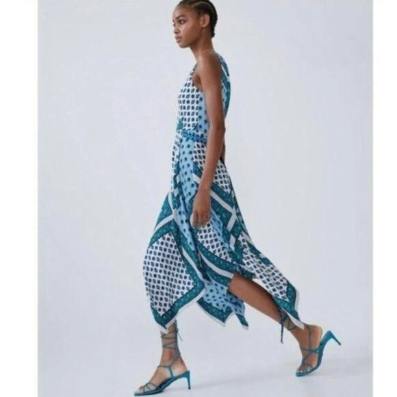 Zara Hanky Scarf Bandana Print Flowy Assymetrical Wrap Midi Dress Blue size XS - Picture 4 of 10